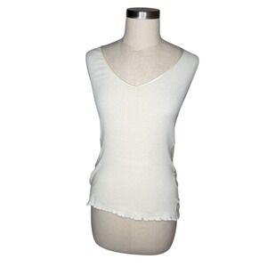 HANRO SWITZERLAND Cream Rib Tank Camisole French Lace Sides Women's M VTG Y2K